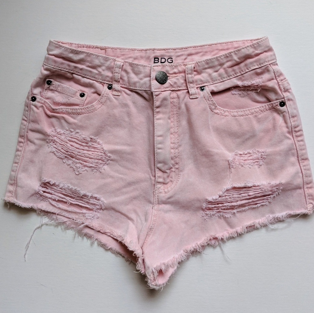 UO BDG Pink High Rise Cheeky Distressed Shorts